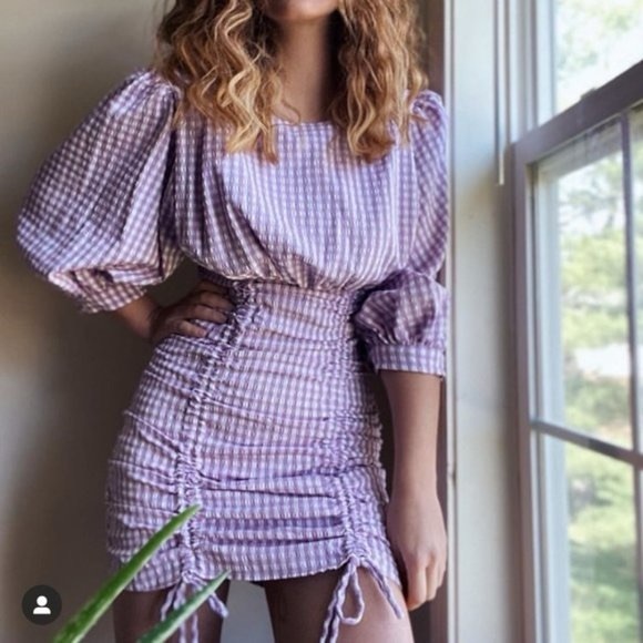 ZARA Bloggers Favorite Size S Lilac Gingham Mini Dress Puff Sleeve Ruched Bottom - Picture 1 of 16